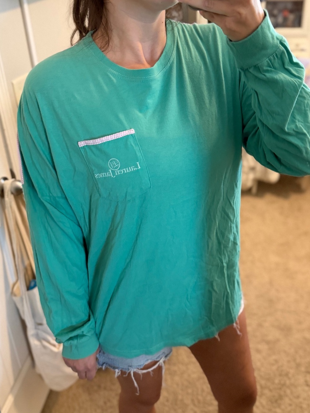 Lauren James Teal Pocket Tee with Pink Trim